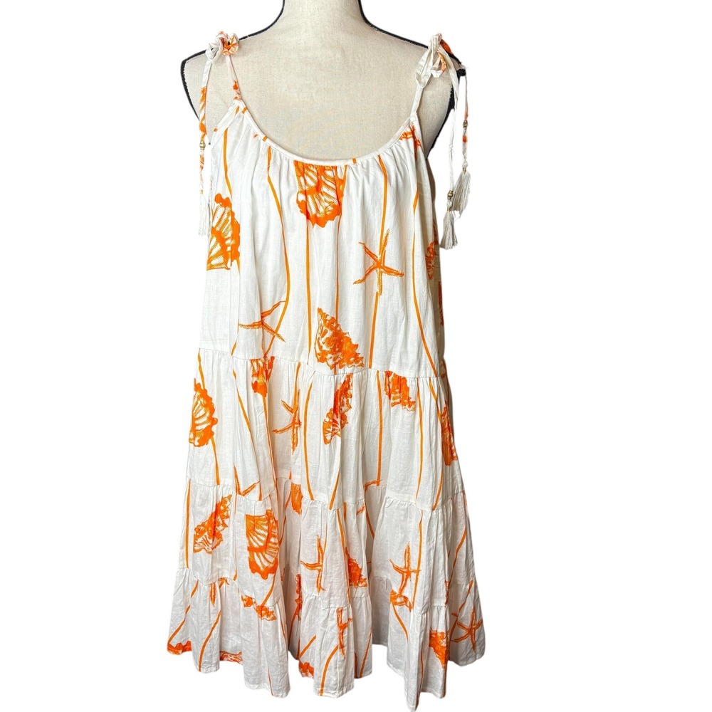 Zury White Orange Floral‎ Starfish Print Tie Strap Tiered Mini Dress
